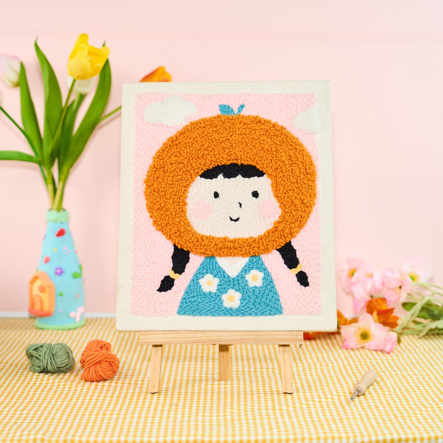 Baby Orange Punch Needle Kit With Wooden Frame