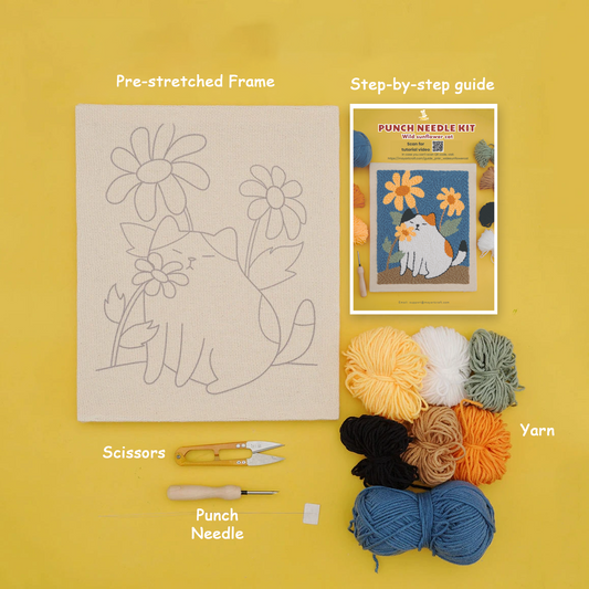 Blossom Kitty Punch Needle Kit With Wooden Frame